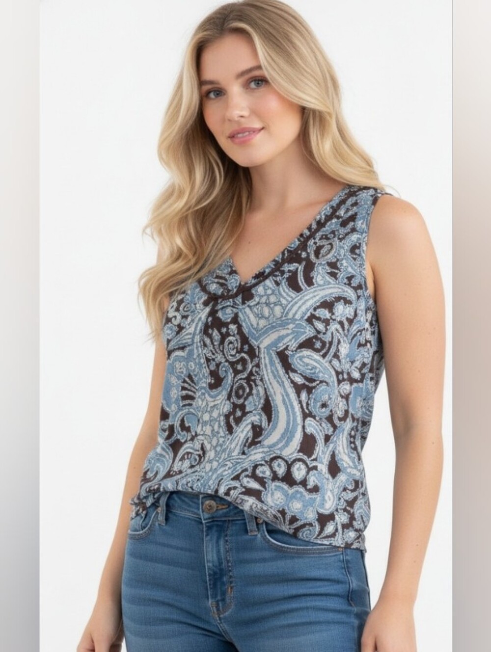 Tory Burch Sleeveless Cotton Blue and Black Patterned Blouse. NWOT Size 12